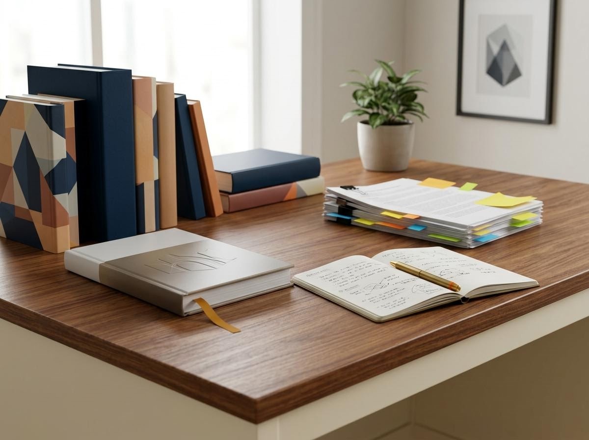 静かな編集ルームに並ぶ企業年次報告書と資料